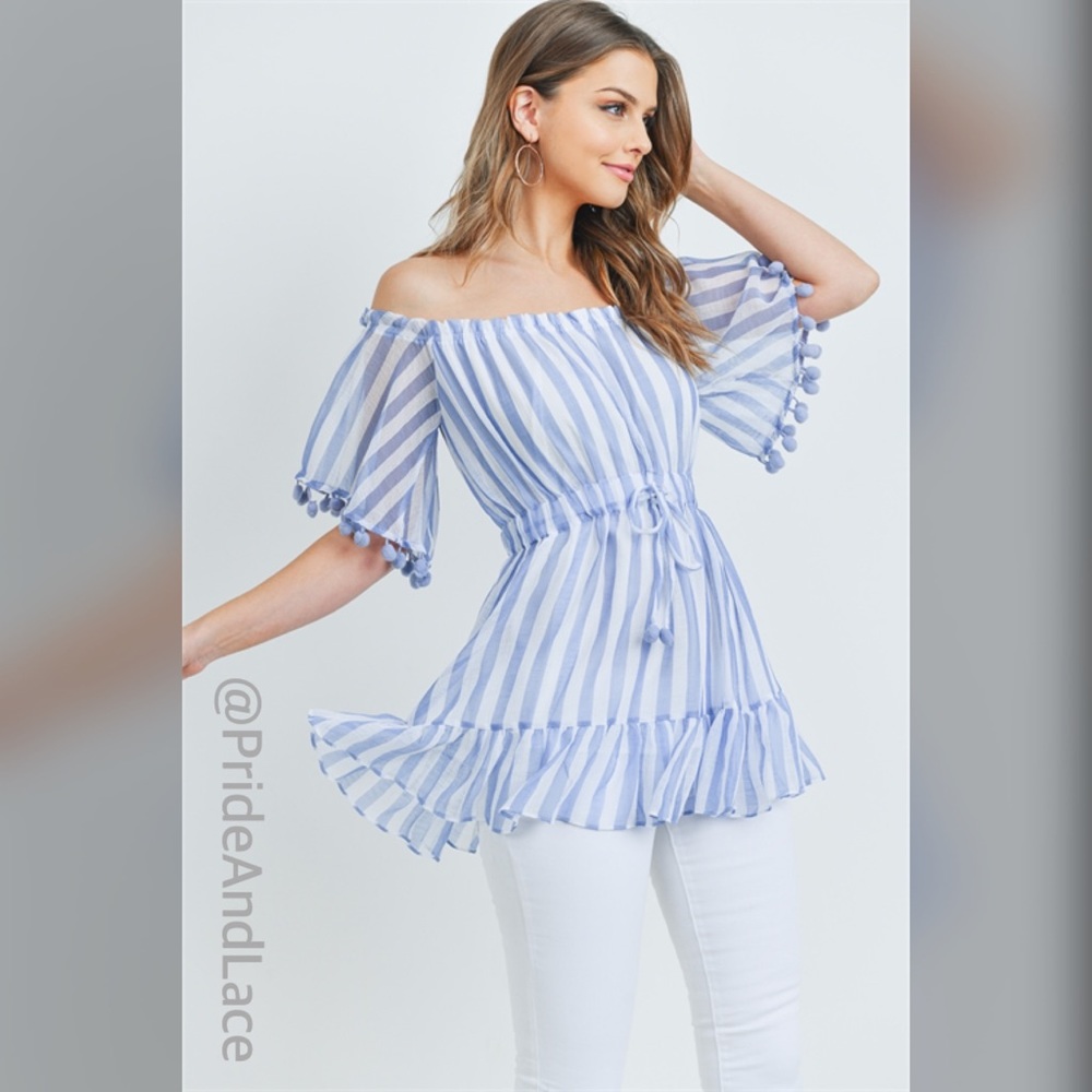 LAST 1️⃣ BLUE STRIPES OFF THE SHOULDER TOP - Picture 2 of 6